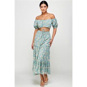 Boho Floral off shoulder sleeve back tie top skirt set